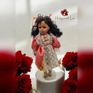 Vintage Rose Collection Black porcelain doll 16 in Floral Dress 1-5000